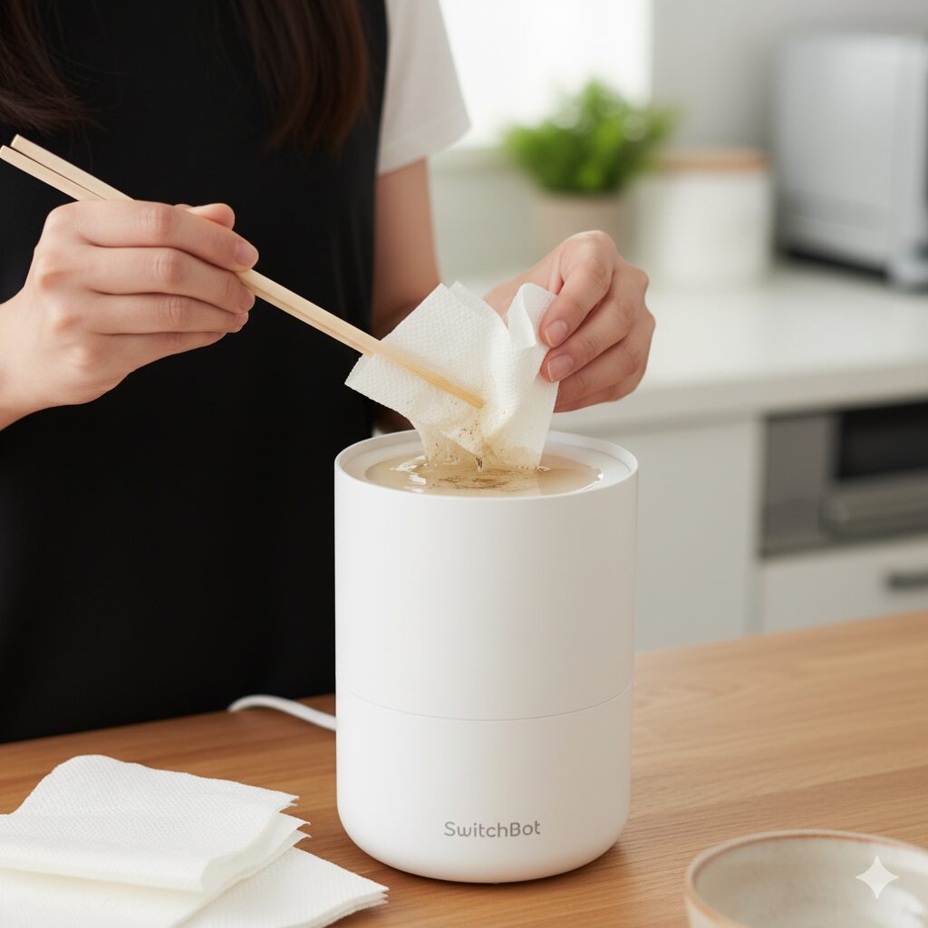 SwitchBotキャンドルウォーマーの溶けたワックスを、箸とキッチンペーパーで安全に吸い取って捨てる日本人女性。