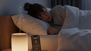 ベッドサイドで、スマートフォンアプリでタイマー設定されたSwitchBotキャンドルウォーマーの穏やかな香りに包まれ、ぐっすり眠る日本人女性。