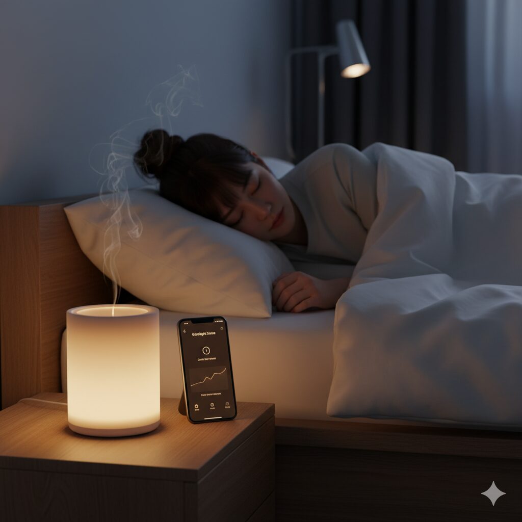 ベッドサイドで、スマートフォンアプリでタイマー設定されたSwitchBotキャンドルウォーマーの穏やかな香りに包まれ、ぐっすり眠る日本人女性。