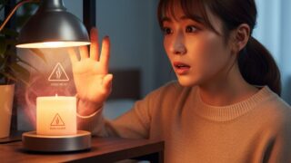 SwitchBotキャンドルウォーマーの高温になるランプ部分に注意を促す日本人女性。やけどの危険性を示すアイコンが光る。
