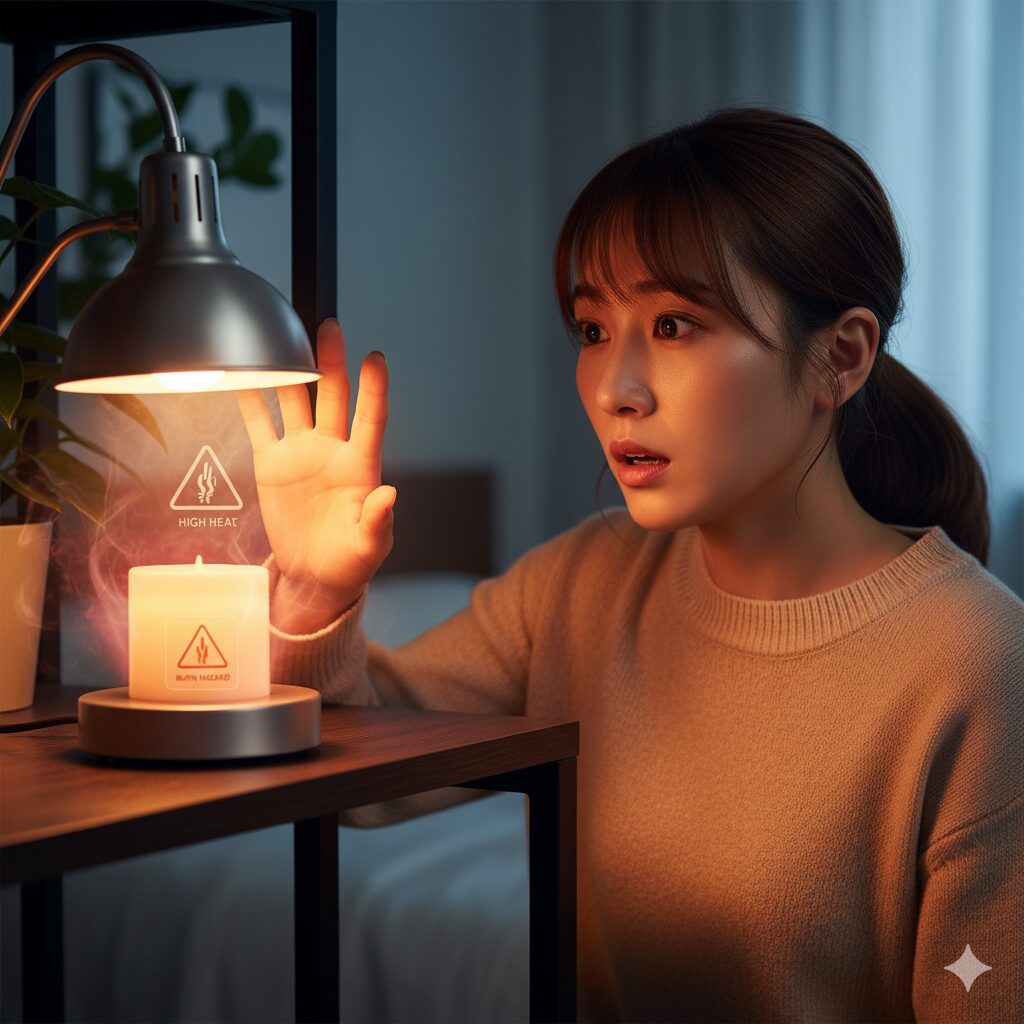 SwitchBotキャンドルウォーマーの高温になるランプ部分に注意を促す日本人女性。やけどの危険性を示すアイコンが光る。