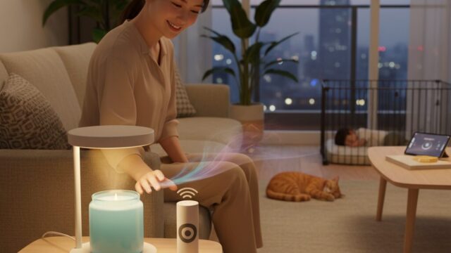 リビングでSwitchBotキャンドルウォーマーを使用し、リラックスしている日本人女性。奥には寝ている子供と猫、窓からは夜景が見える。