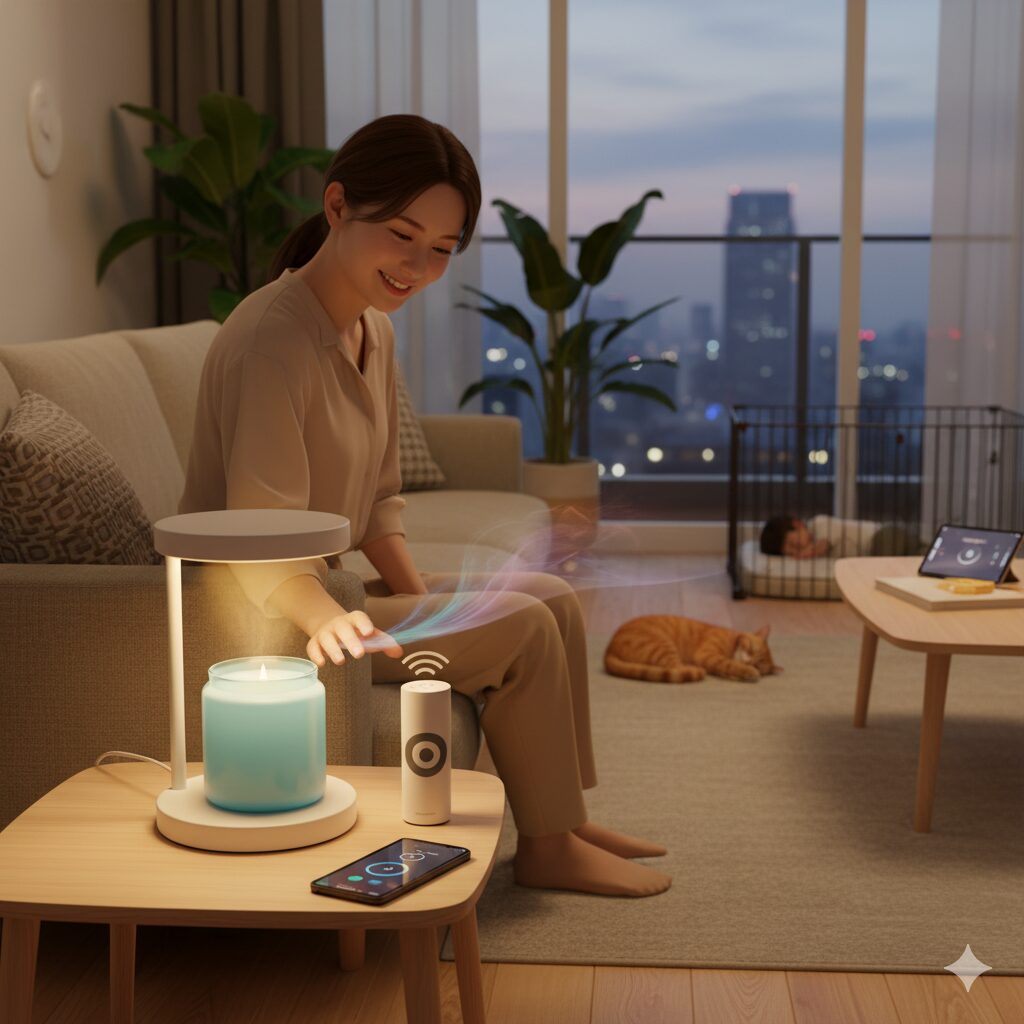 リビングでSwitchBotキャンドルウォーマーを使用し、リラックスしている日本人女性。奥には寝ている子供と猫、窓からは夜景が見える。