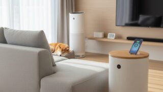 リビングに置かれたSwitchBot空気清浄機Tableと奥にP1らしき空気清浄機、ソファで寝る柴犬。