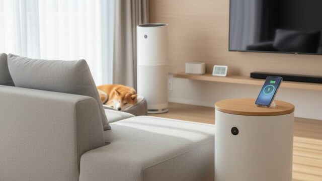 リビングに置かれたSwitchBot空気清浄機Tableと奥にP1らしき空気清浄機、ソファで寝る柴犬。