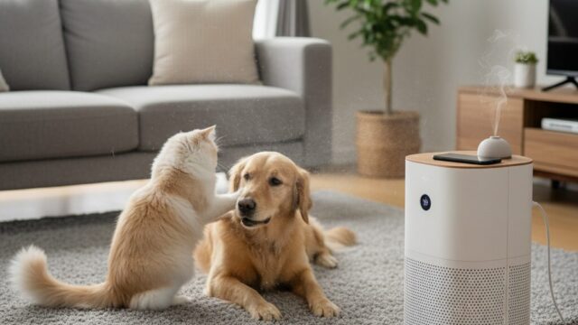 リビングで遊ぶ犬と猫、その横で稼働しているSwitchBot空気清浄機Tableモデル。空気中にはペットの毛が舞っている。