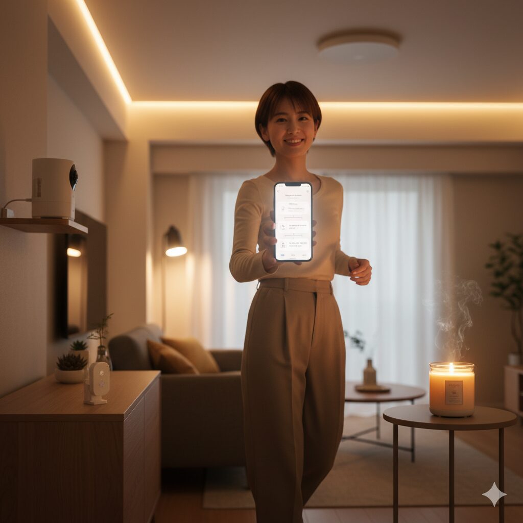 スマートフォンでSwitchBot製品をスマートホーム連携させる日本人女性。