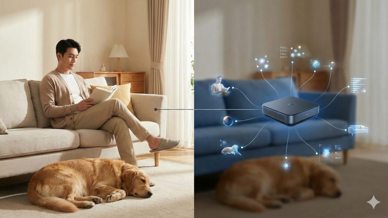 VLM技術がカメラ映像内の人物、行動、ペット、状況を認識し、文脈を理解するプロセスを視覚化した概念図。