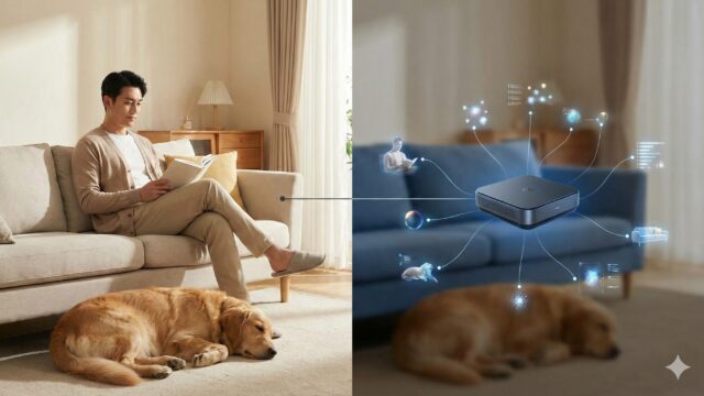 VLM技術がカメラ映像内の人物、行動、ペット、状況を認識し、文脈を理解するプロセスを視覚化した概念図。