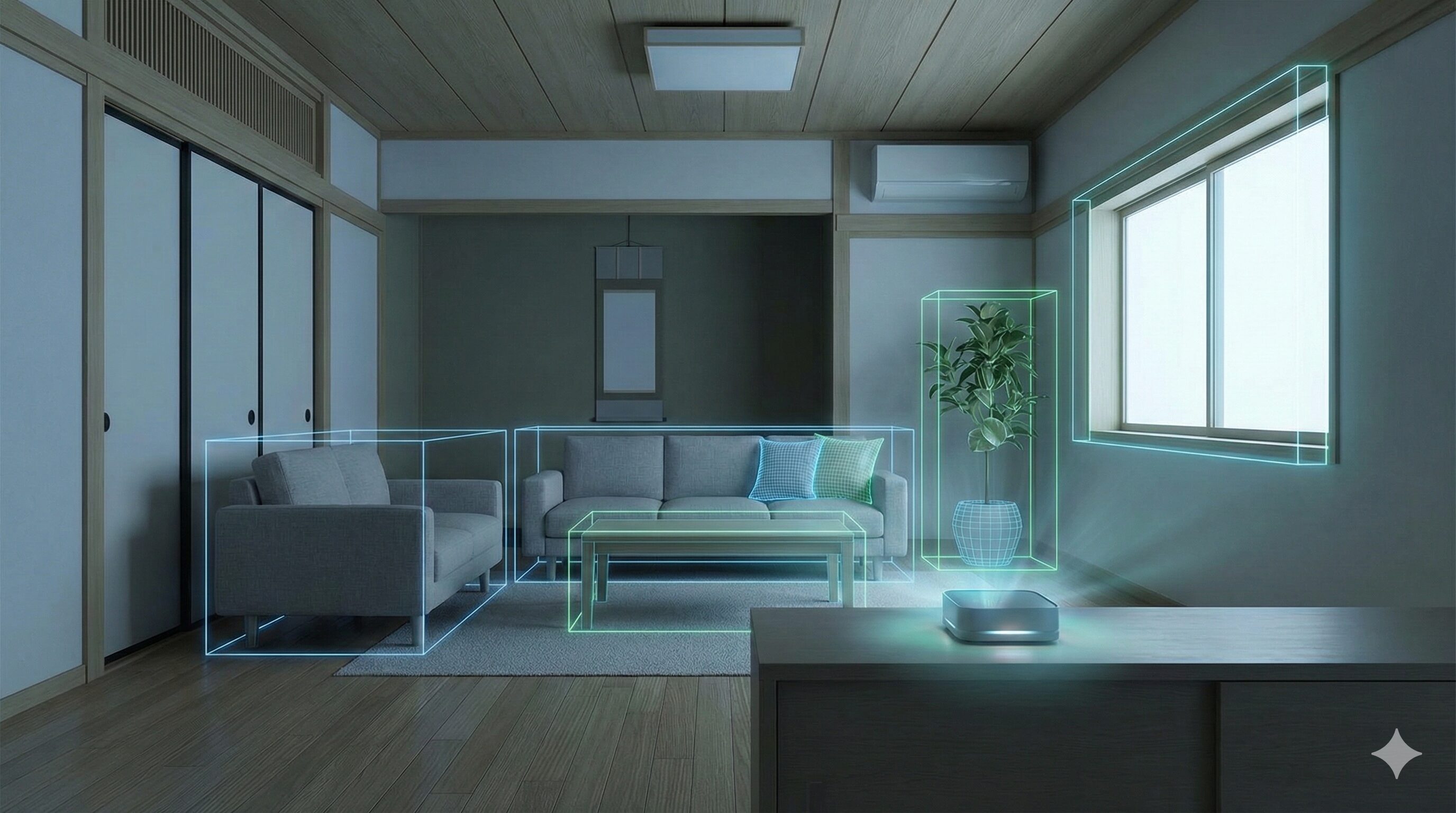 VLM（視覚言語モデル）技術により、AIハブがリビングルーム内の家具や窓を認識し、空間を分析している様子のイメージ図。