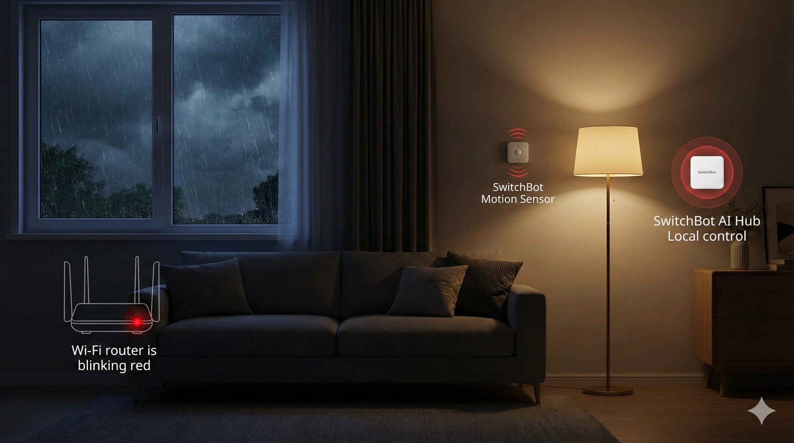 嵐の夜、Wi-Fiルーターが赤く点滅してネットワークが切断されている状況下でも、SwitchBot AIハブのローカル制御により、人感センサーが反応してフロアライト