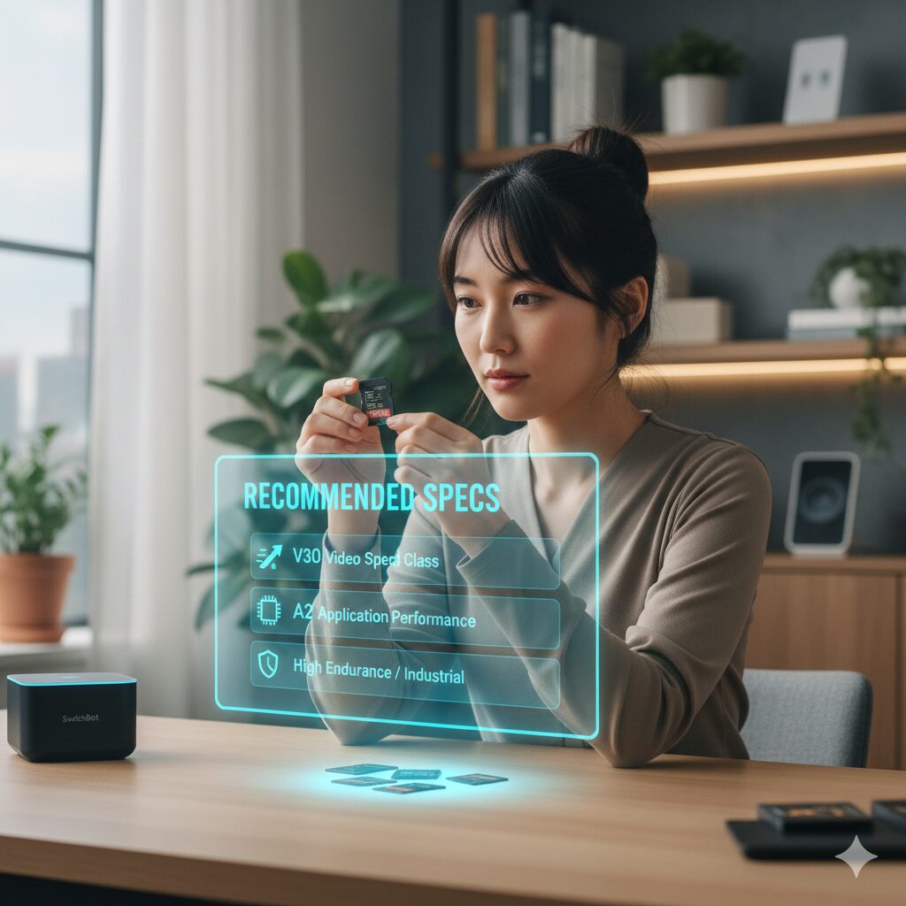 自宅のデスクでmicroSDカードを手に持ち、ホログラムで表示された推奨スペック「V30」「A2」「高耐久」を見ている、真剣な表情の日本人女性。
