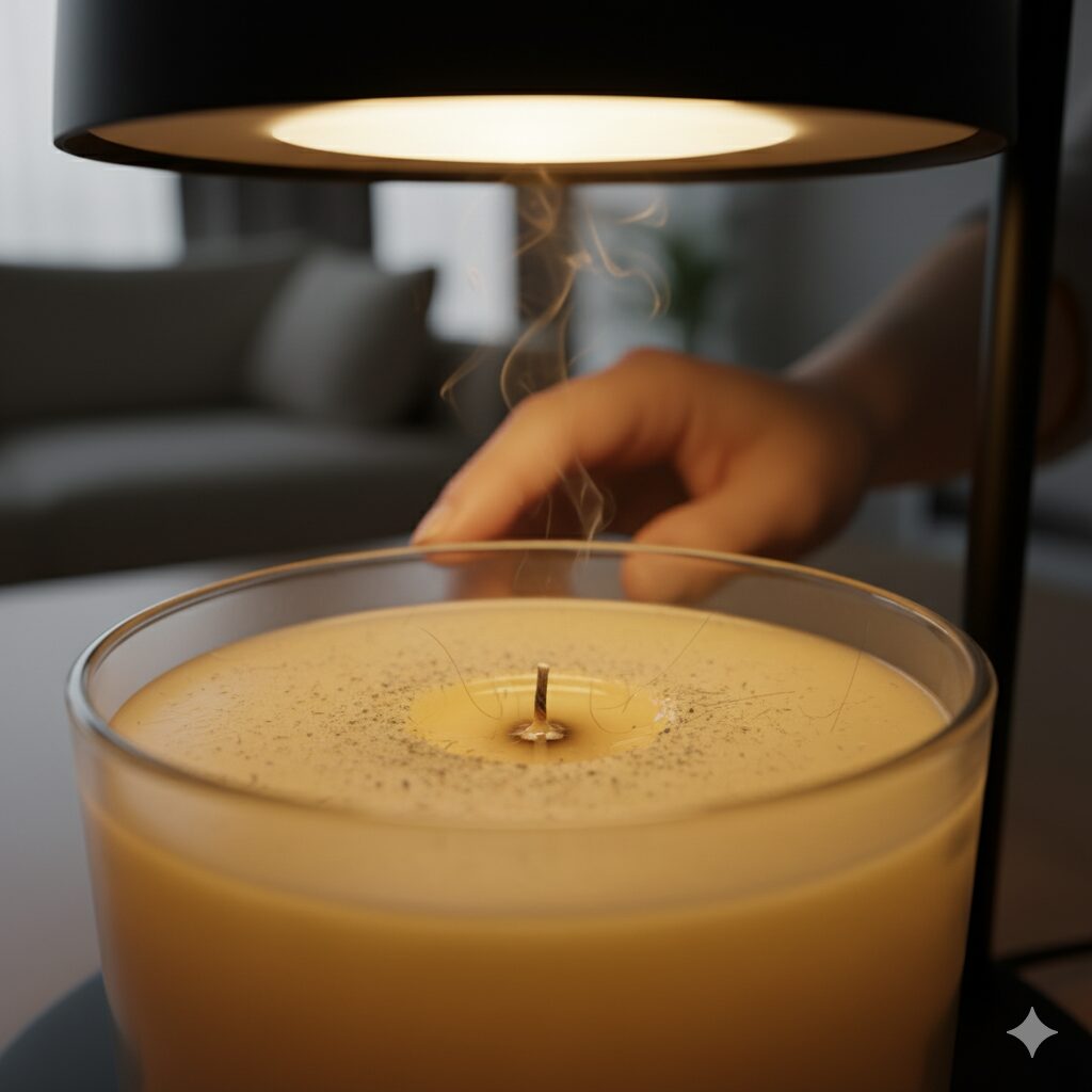 キャンドルウォーマーで温められたキャンドルの表面に、焦げ付き始めたほこりが点在し、煙がわずかに立ち上っている。