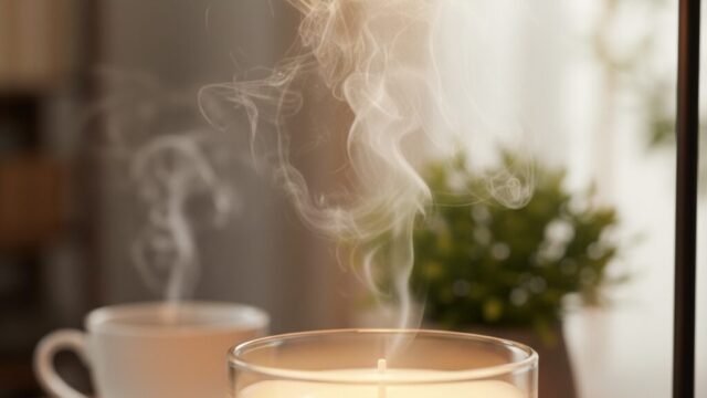 キャンドルウォーマーのハロゲンランプがキャンドルを温め、白い香りの蒸気が立ち上るクローズアップ。