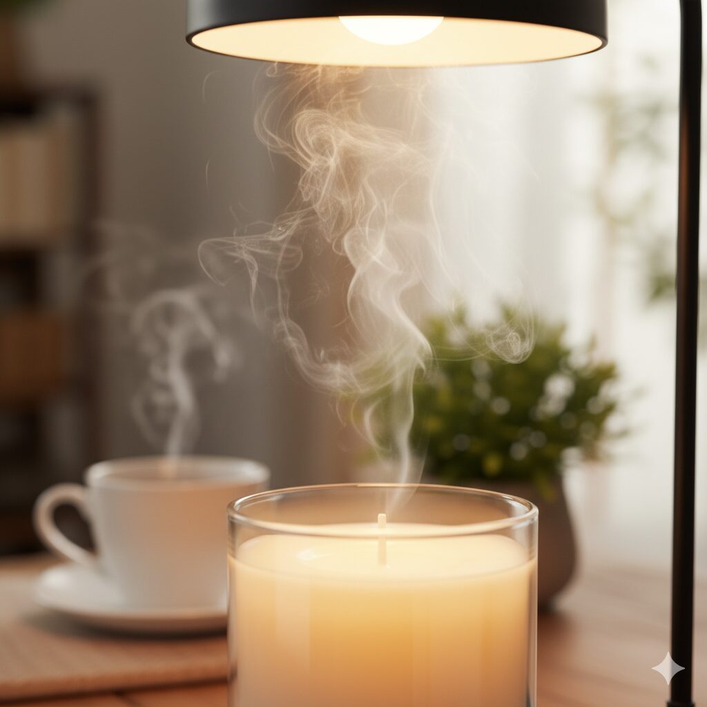 キャンドルウォーマーのハロゲンランプがキャンドルを温め、白い香りの蒸気が立ち上るクローズアップ。