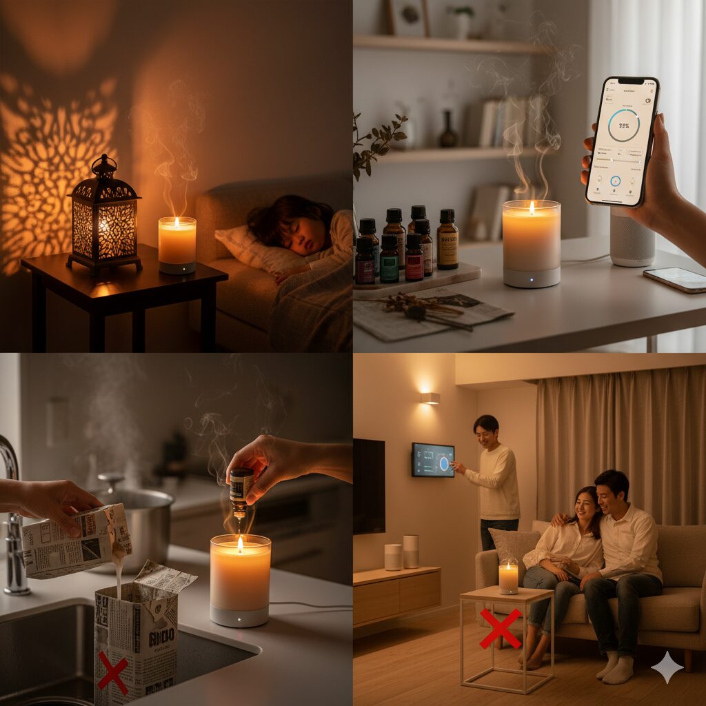 スイッチボットのキャンドルウォーマーをスマートフォンアプリで操作している手元と、アロマオイルが数種類並んだテーブル。