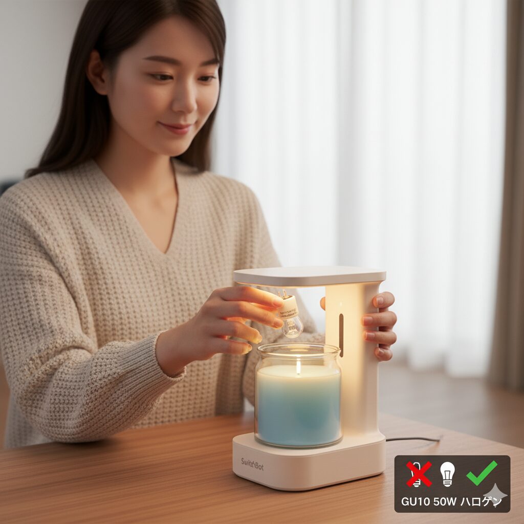 スイッチボットキャンドルウォーマーの電球を交換する日本人女性。適切なハロゲン電球の仕様が示されている。