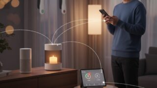 スマートフォンを操作する若い日本人男性。部屋にはアロマキャンドルウォーマーとスマートスピーカー