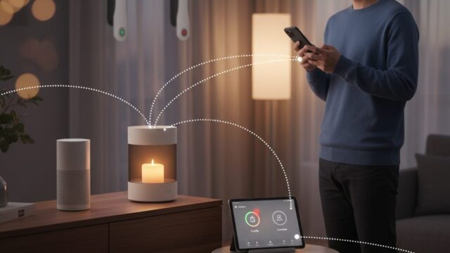 スマートフォンを操作する若い日本人男性。部屋にはアロマキャンドルウォーマーとスマートスピーカー