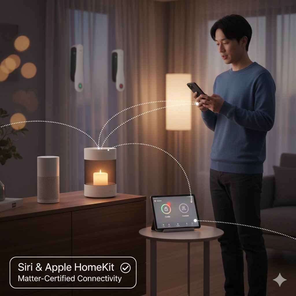 スマートフォンを操作する若い日本人男性。部屋にはアロマキャンドルウォーマーとスマートスピーカー