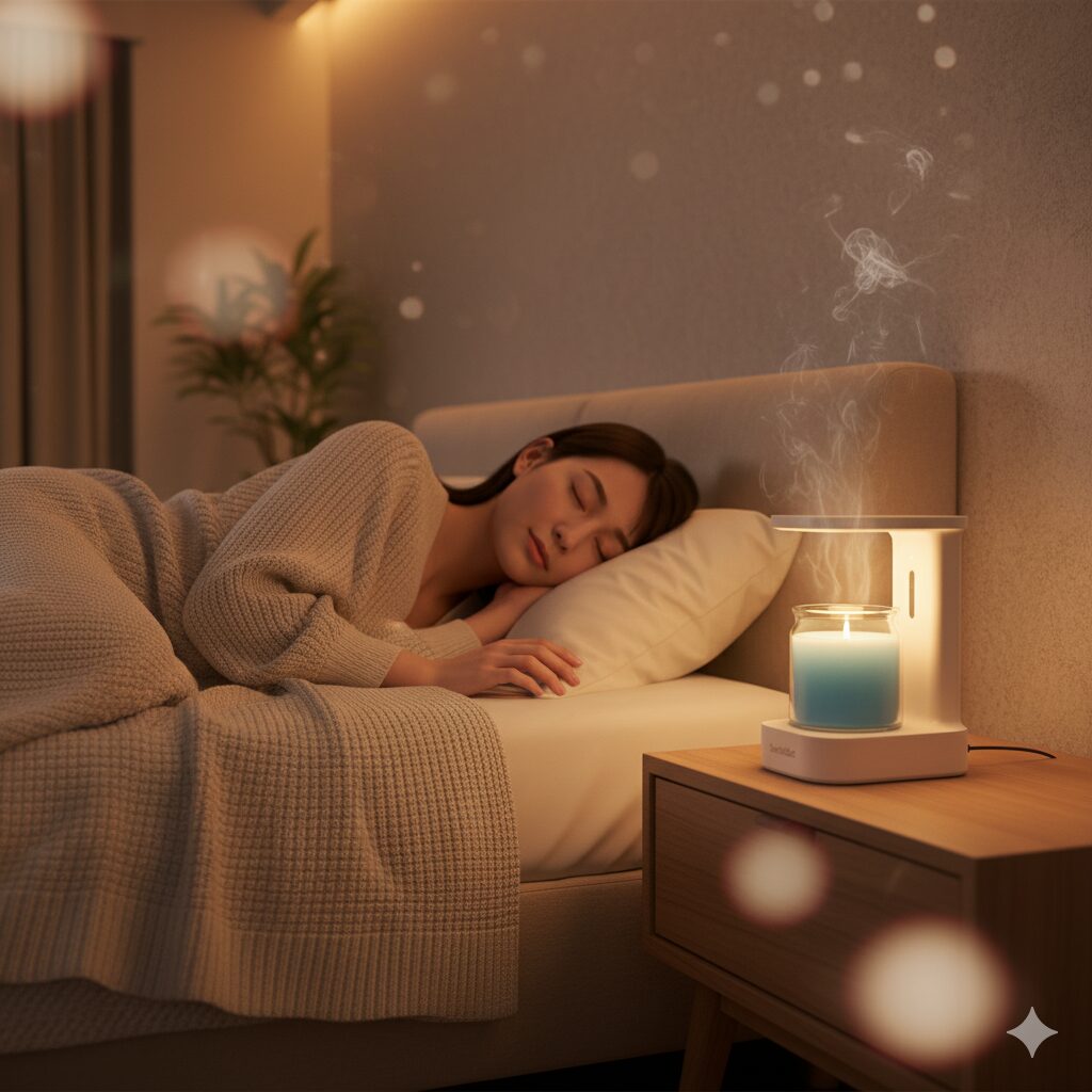 ベッドサイドで眠る日本人女性と、火を使わず安全に香りを放つキャンドルウォーマー。