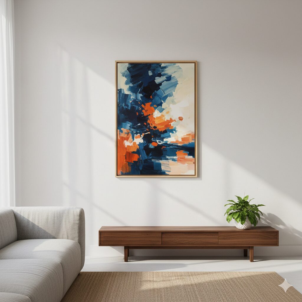 モダンなリビングの白い壁に、電源コードが見えない状態で美しく飾られたアートキャンバス。