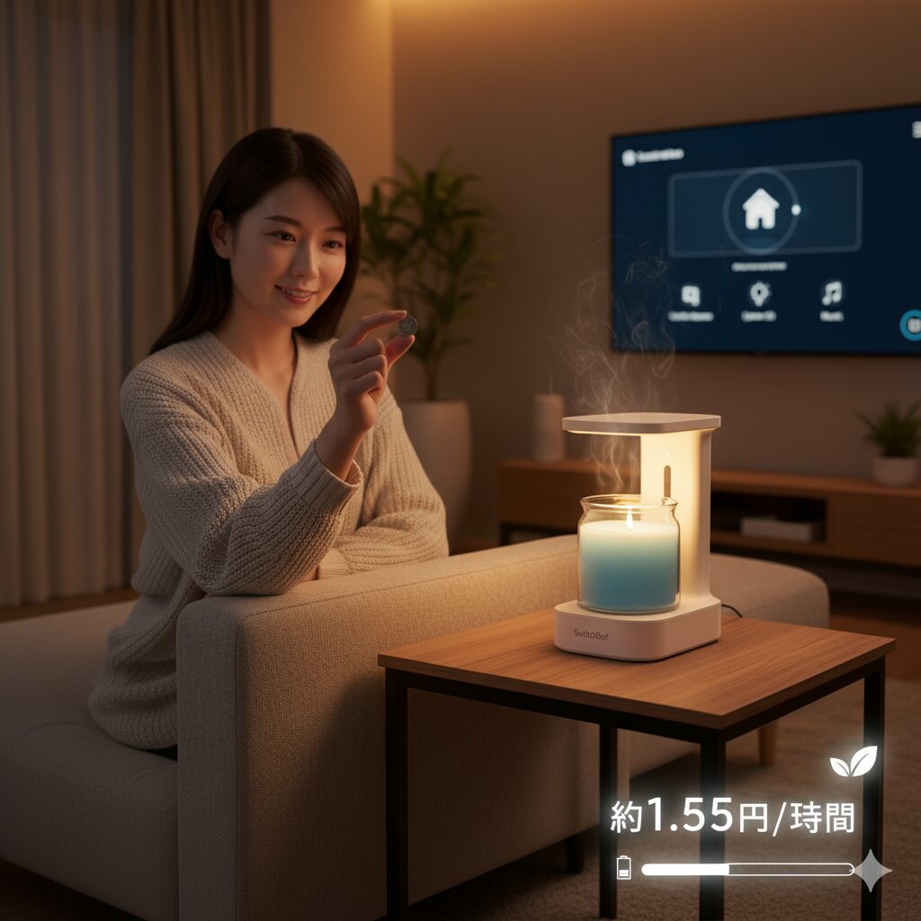 リビングでリラックスする日本人女性と、低電気代を示す表示があるキャンドルウォーマー。