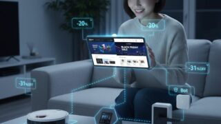 リビングのソファでタブレットを操作し、ブラックフライデーセールの情報を見ている日本人女性。