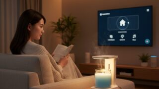 リビングのソファで本を読む日本人女性と、火を使わずに香りを広げるスイッチボットキャンドルウォーマー。