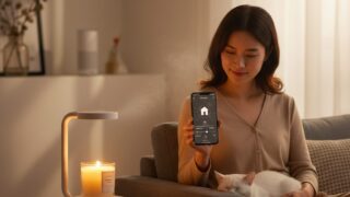 リビングのソファに座ってスマホアプリでスマートキャンドルウォーマーを操作し、愛猫とリラックスタイムを過ごす日本人女性。