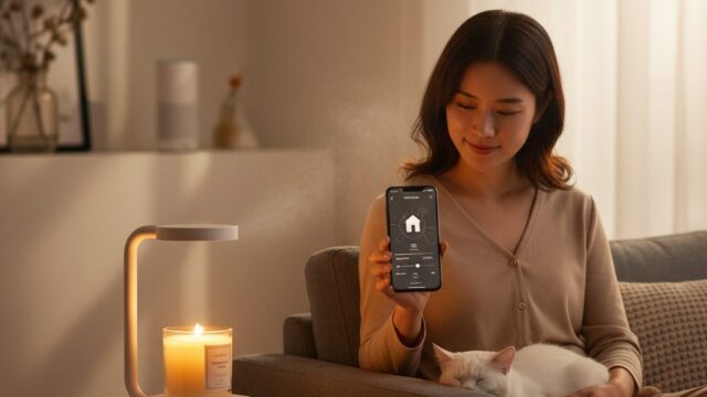 リビングのソファに座ってスマホアプリでスマートキャンドルウォーマーを操作し、愛猫とリラックスタイムを過ごす日本人女性。