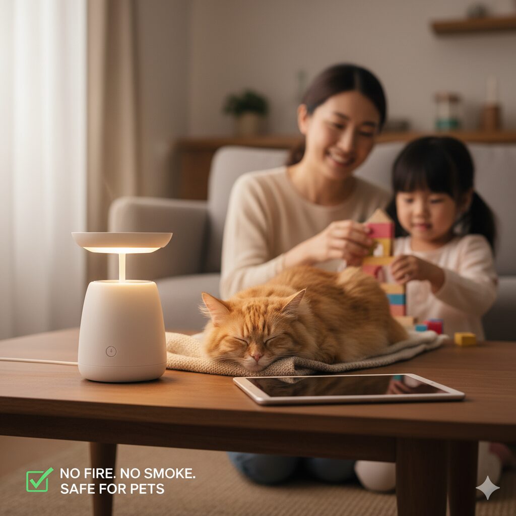 リビングのテーブルに置かれたアロマキャンドルウォーマーの隣で眠る猫。