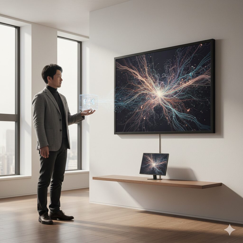 広々としたモダンなリビングで、壁に設置された大型のデジタルアートフレームを操作する日本の男性。