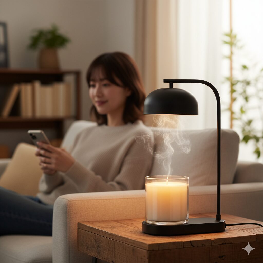 日本人女性がソファでリラックスしながらスマホを操作し、ウォーマーから立ち上る白い蒸気を見ている。