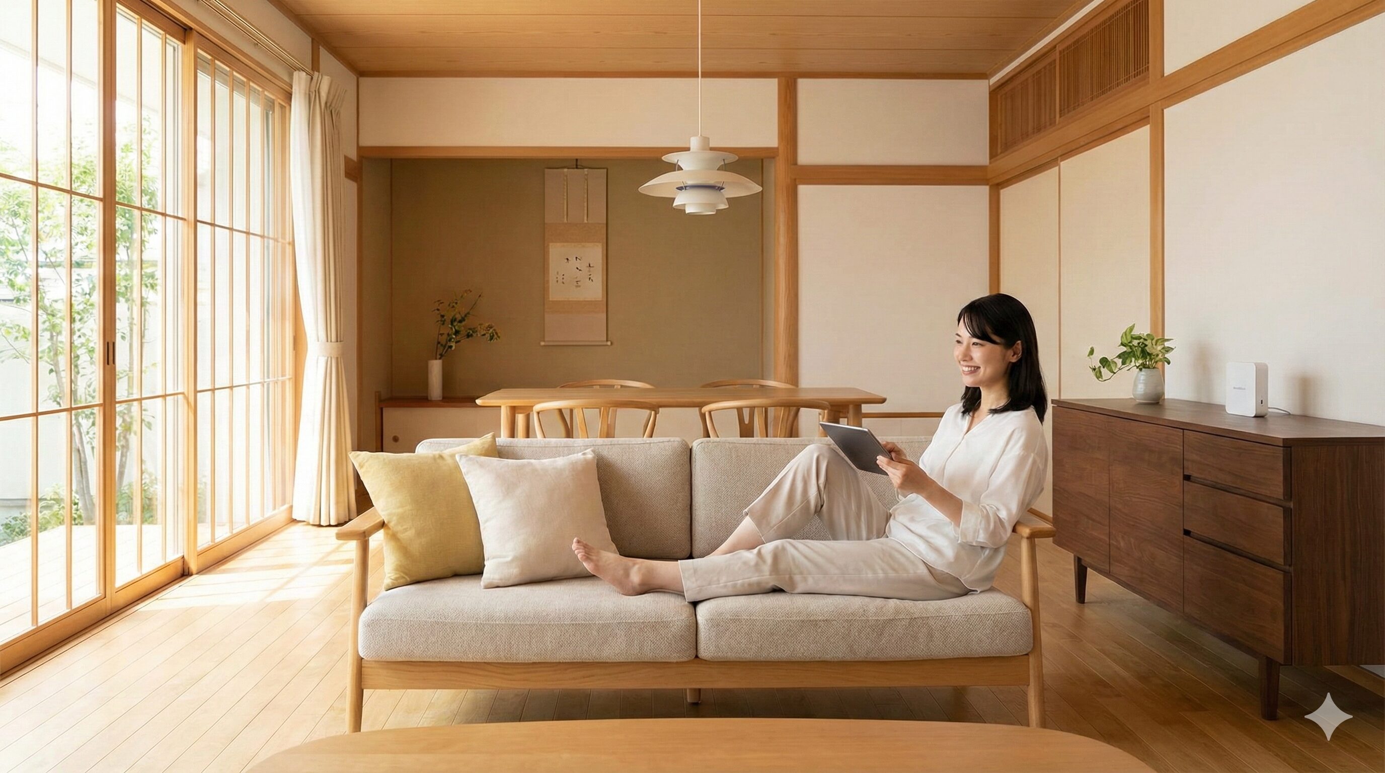 明るい陽射しが差し込む洗練された和モダンなリビングで、日本人女性がソファでリラックスしている様子。