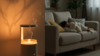 暗いリビングのサイドテーブルに置かれたスイッチボットキャンドルウォーマー。温かい光を放ち、香りの煙が立ち上る。ソファで子供が安心して眠っている。