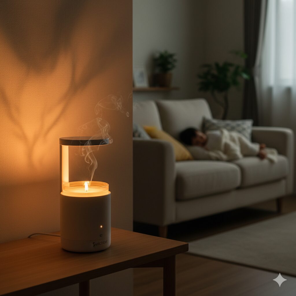 暗いリビングのサイドテーブルに置かれたスイッチボットキャンドルウォーマー。温かい光を放ち、香りの煙が立ち上る。ソファで子供が安心して眠っている。