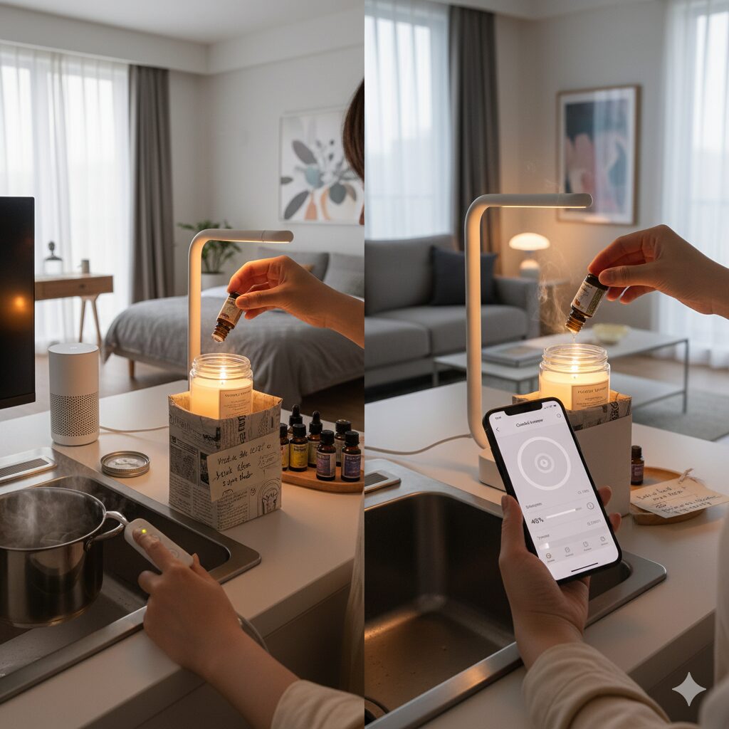 自宅でスイッチボットのキャンドルウォーマーを使用している様子を上下に並べた画像。上部では寝室で読書をしながらキャンドルウォーマー