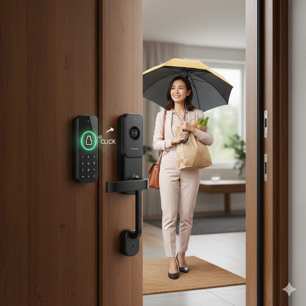 買い物袋と傘を持った日本人女性が、顔認証パッドとスマートロックが設置された玄関ドアを開けて家に入る様子。