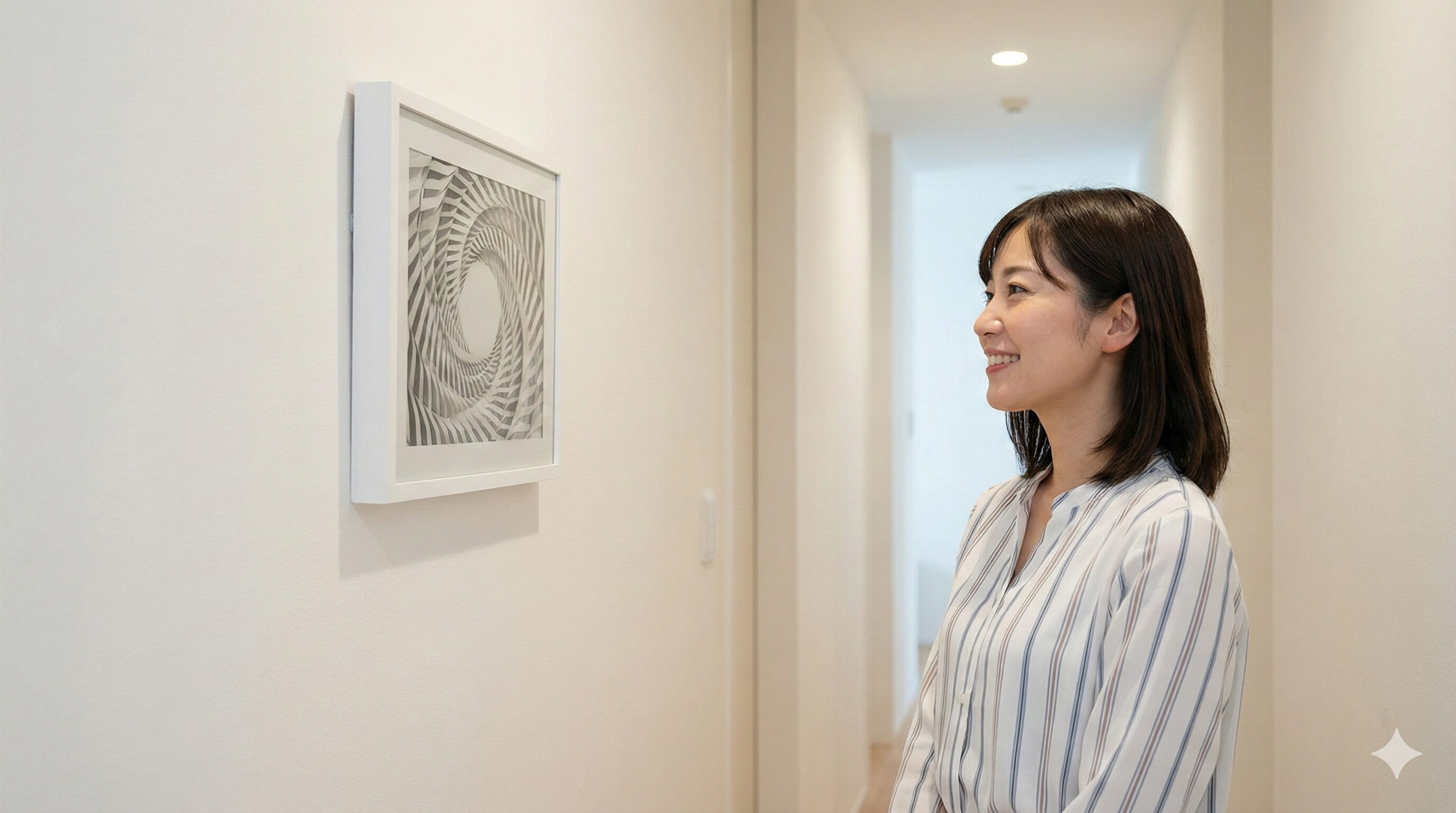 配線が全く見えない状態で廊下の壁にすっきりと設置された、バッテリー駆動のアートキャンバスを眺める女性。