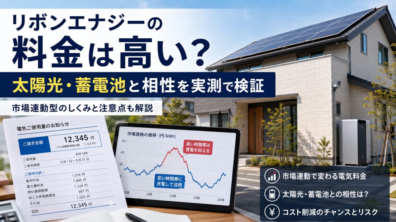 太陽光パネルと蓄電池を設置した住宅を背景に、リボンエナジーの市場連動型料金と電気代を検証するアイキャッチ画像