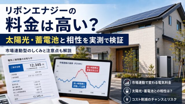 太陽光パネルと蓄電池を設置した住宅を背景に、リボンエナジーの市場連動型料金と電気代を検証するアイキャッチ画像