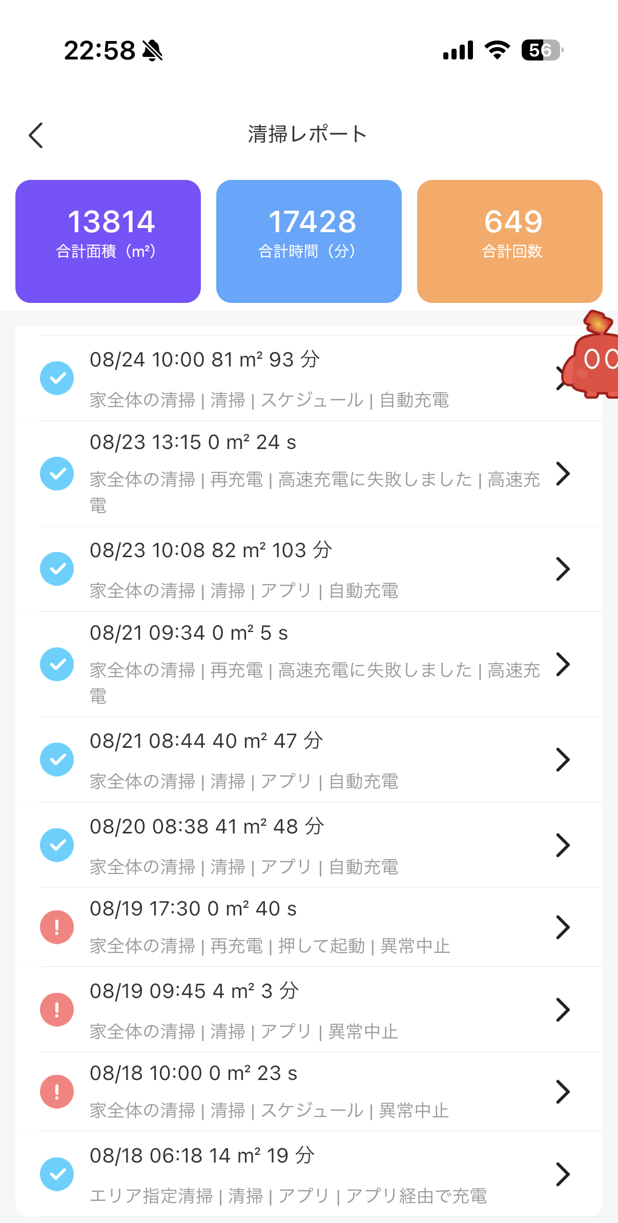 SwitchBot K10+の清掃レポート画面。累計649回、合計13,814㎡、17,428分の清掃実績を記録
