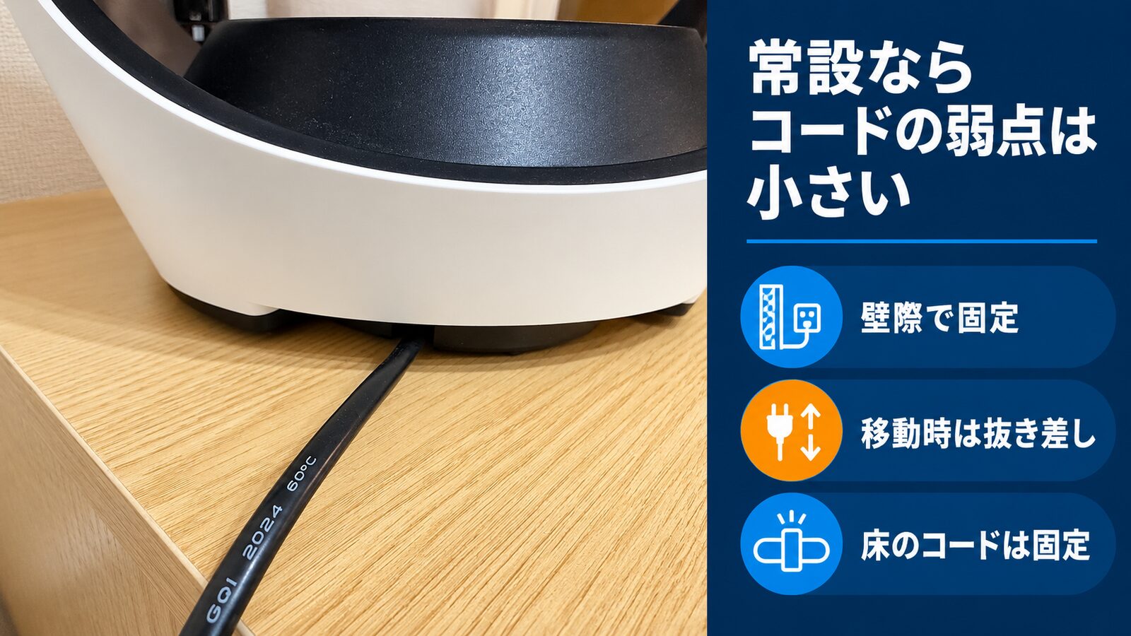 SwitchBotサーキュレーターLiteの本体下から伸びる電源コードと、常設時の取り回しを示した実機写真
