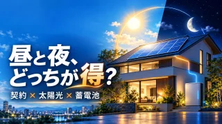 昼夜の空と太陽光パネル・蓄電池のある住宅を表した概念イラスト