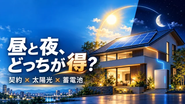 昼夜の空と太陽光パネル・蓄電池のある住宅を表した概念イラスト