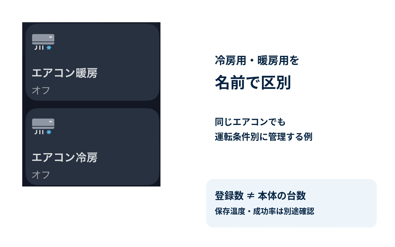 SwitchBotアプリにエアコン暖房とエアコン冷房を分けて登録した実画面。登録数はエアコン本体の台数とは異なる。