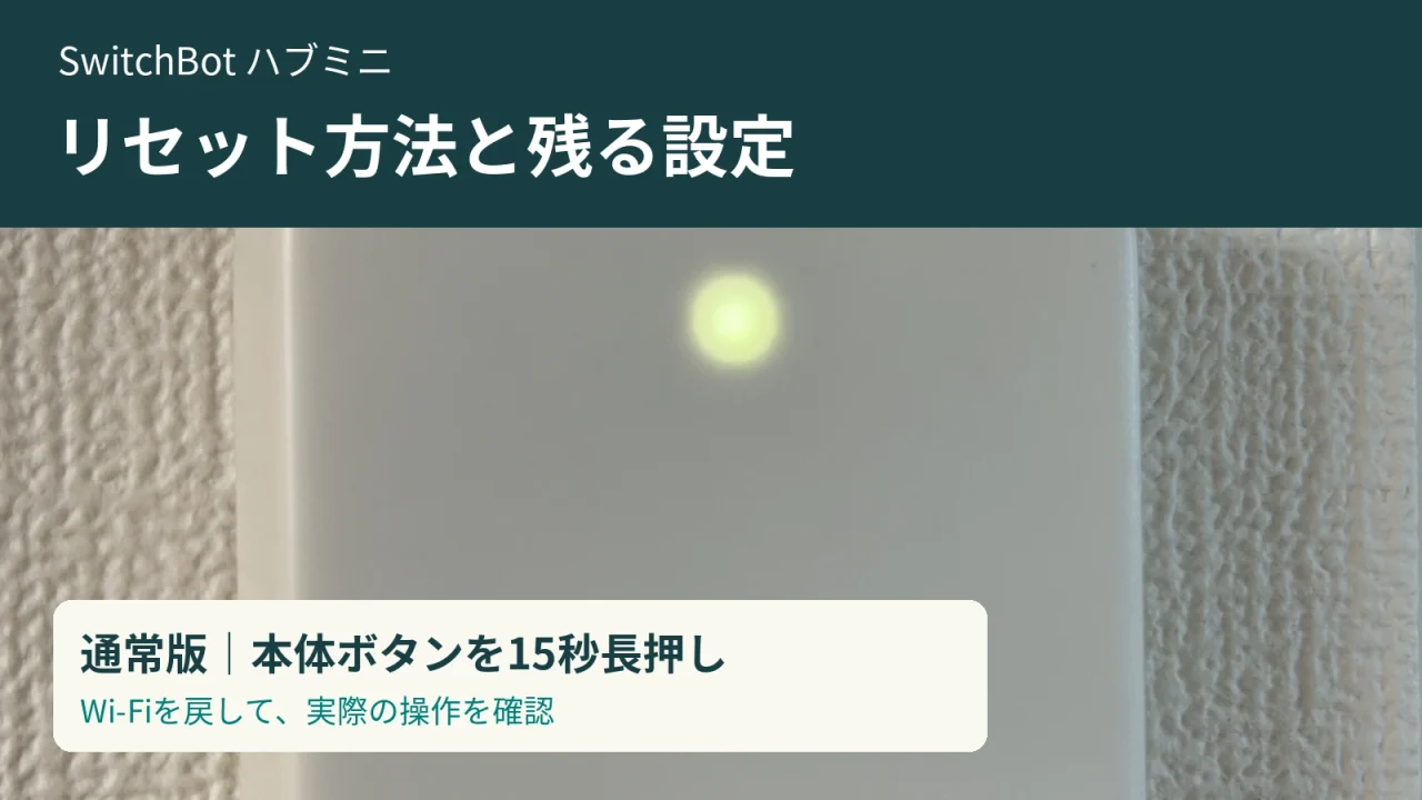 実機写真を背景に、通常版ハブミニの15秒長押しと再接続後の確認を示した画像