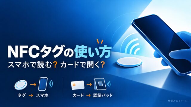 NFCタグはスマホで読み、NFCカードは認証パッドで読む仕組みを表すイメージ