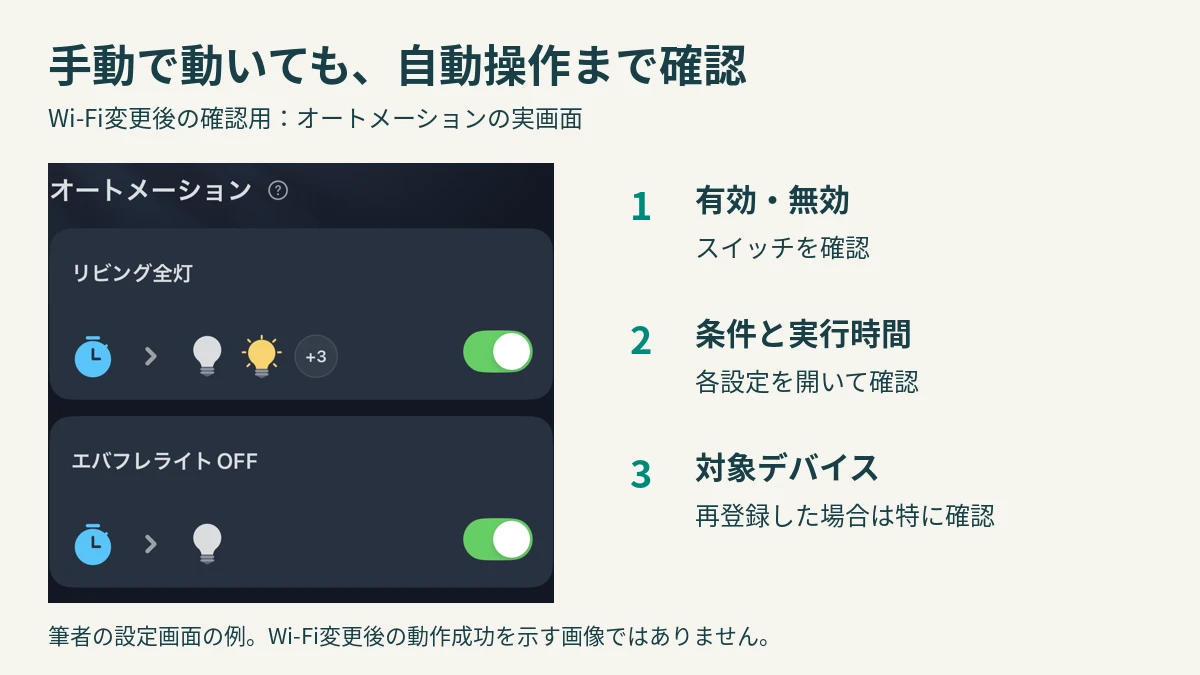 SwitchBotアプリのオートメーション一覧と有効無効、条件、対象デバイスの確認点